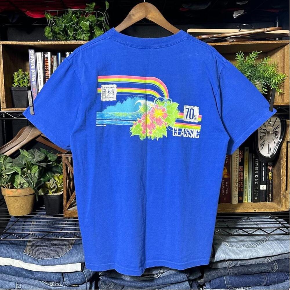 Vintage 80s Single Stitch Ocean Pacific Surf Tee Large Blue Boxy Skater Shirt